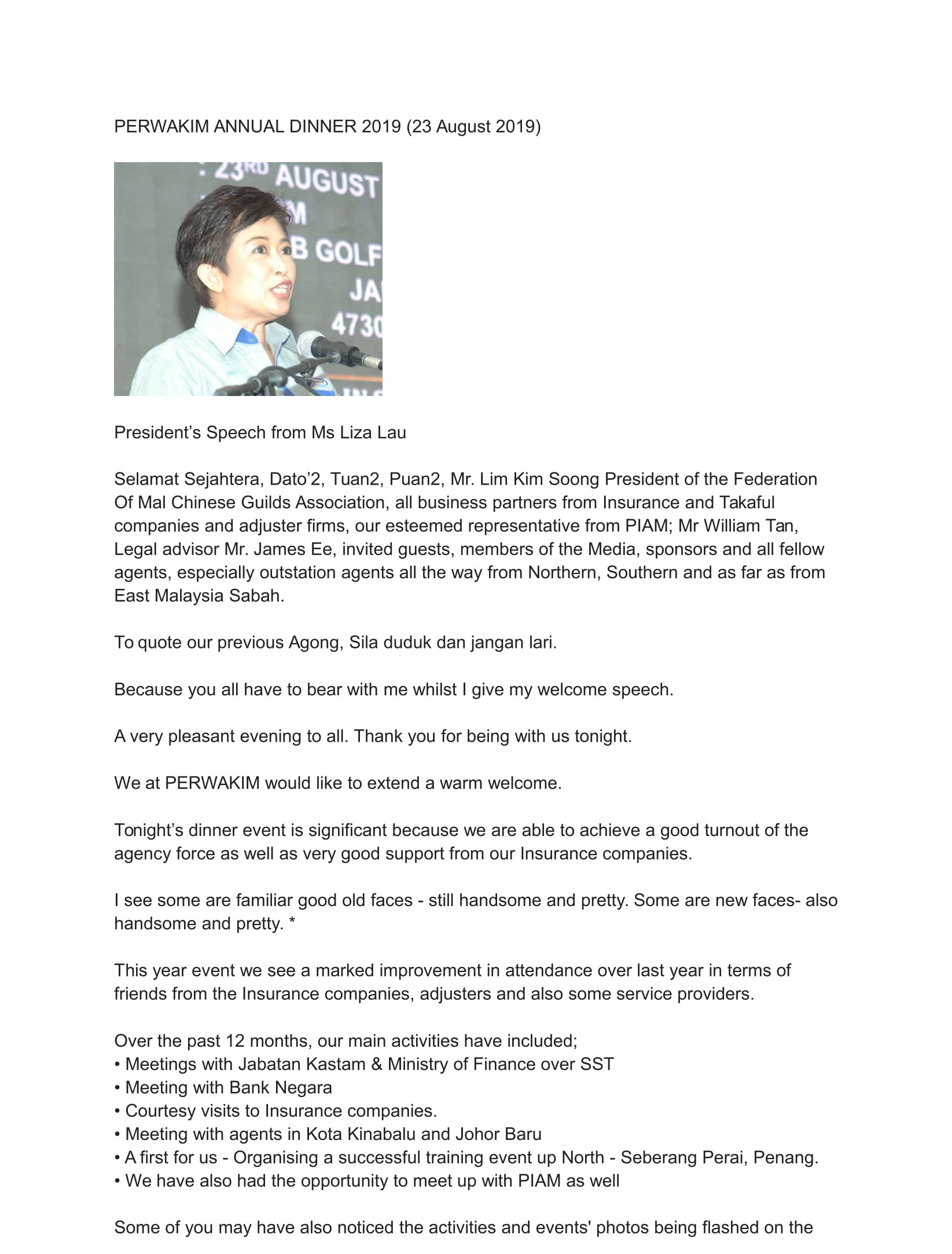 The President Speech in Annual Dinner 2019 by Ms Liza Lau
