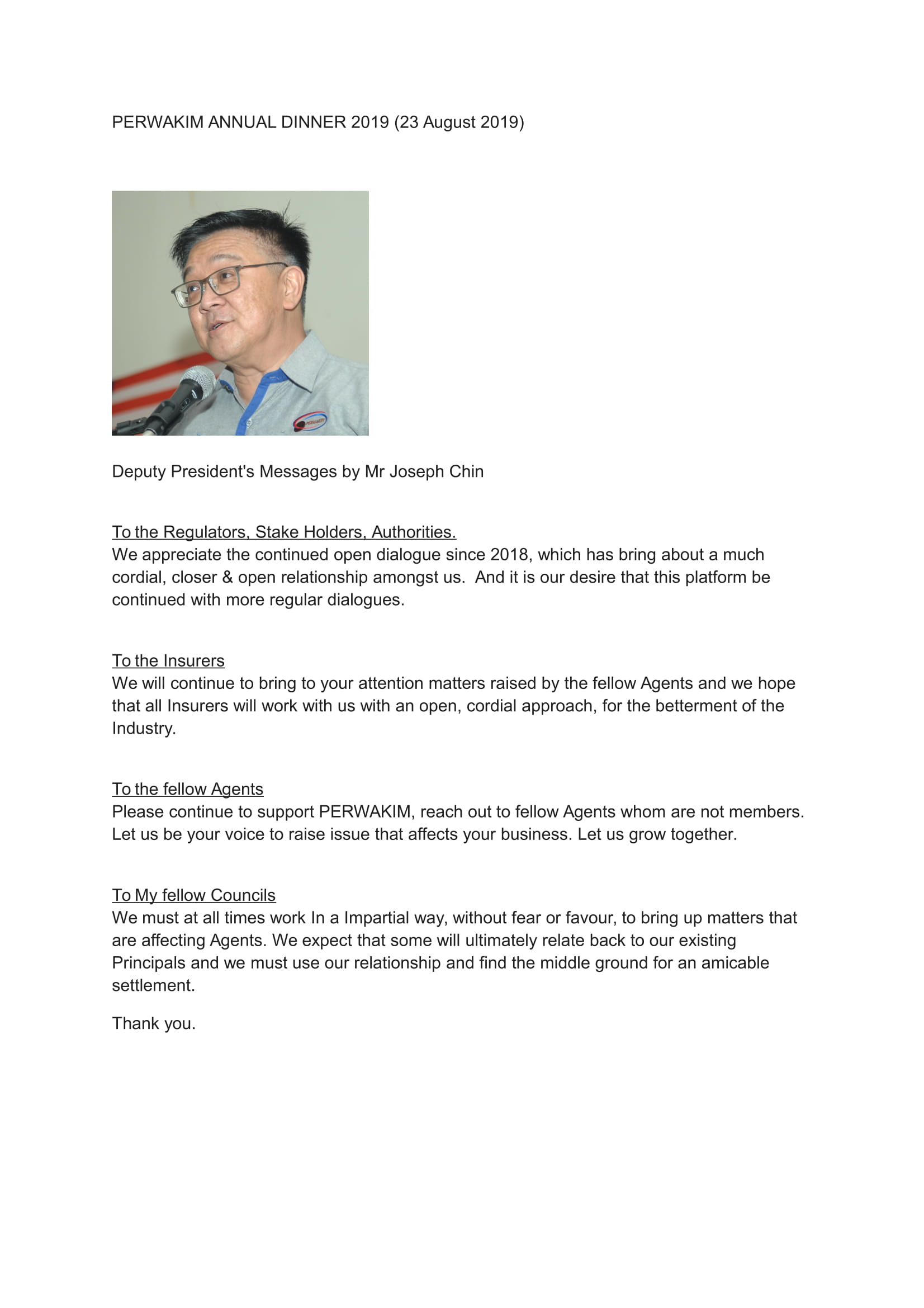 The Messages from Deputy President Mr Joseph Chin in Annual Dinner 2019