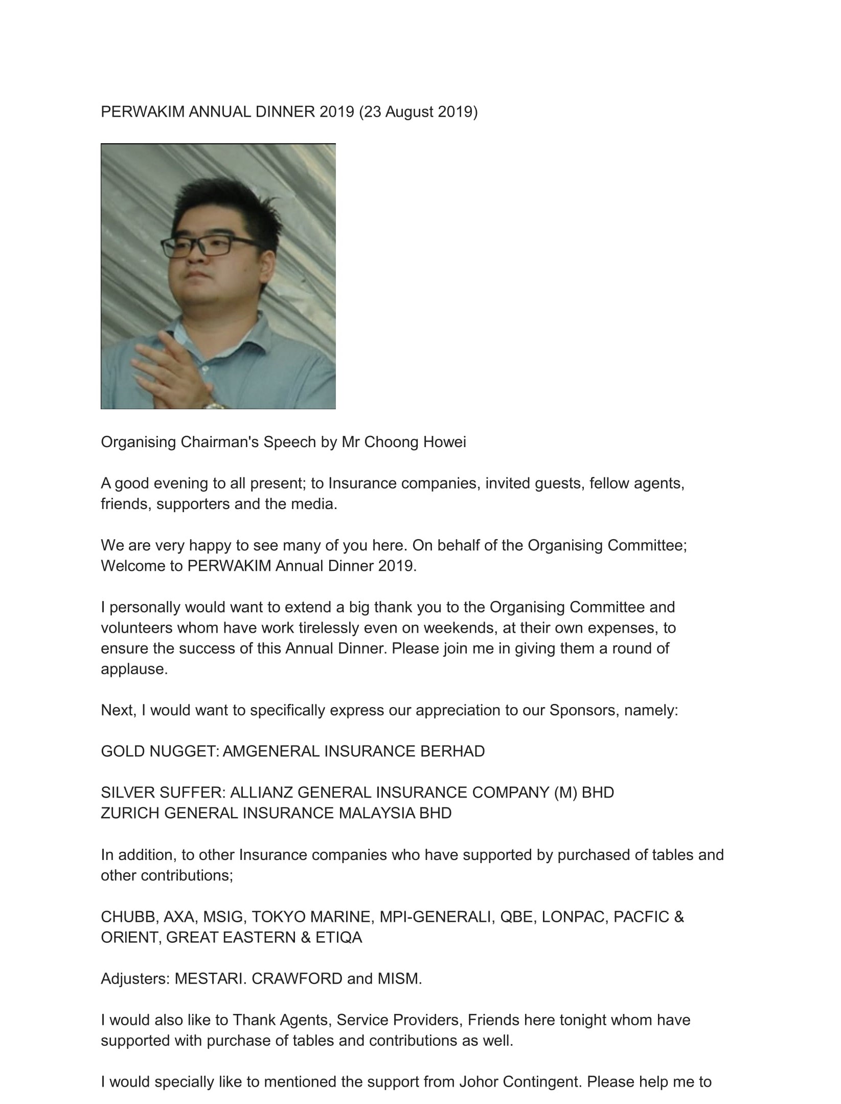 The Organizing Chairman Speech in Annual Dinner 2019 by Mr Choong Howei
