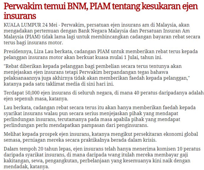 Perwakim temui BNM, PIAM tentang kesukaran ejen insurans
